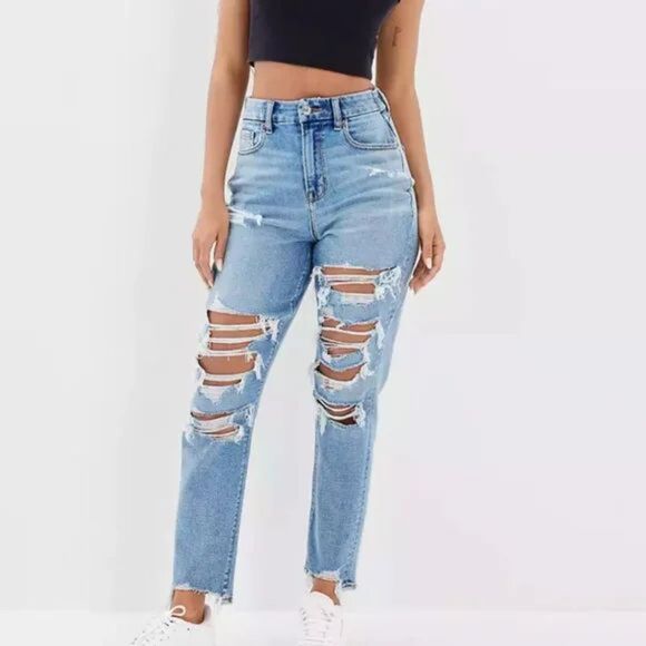American Eagle Mom Jeans High Rise Distressed Thrashed Denim Bleach Dye Size 6 - Picture 1 of 13